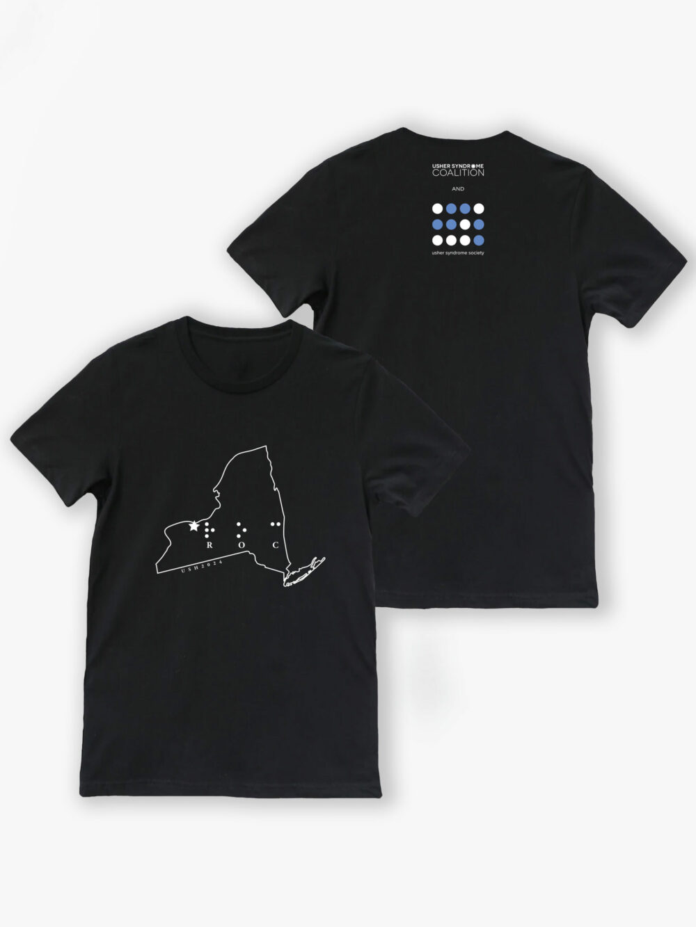Two black t-shirts on a white background. One shirt shows the front design of the t-shirt and the other shows the back design with the Usher Syndrome Society and Usher Syndrome Socalition Logos.