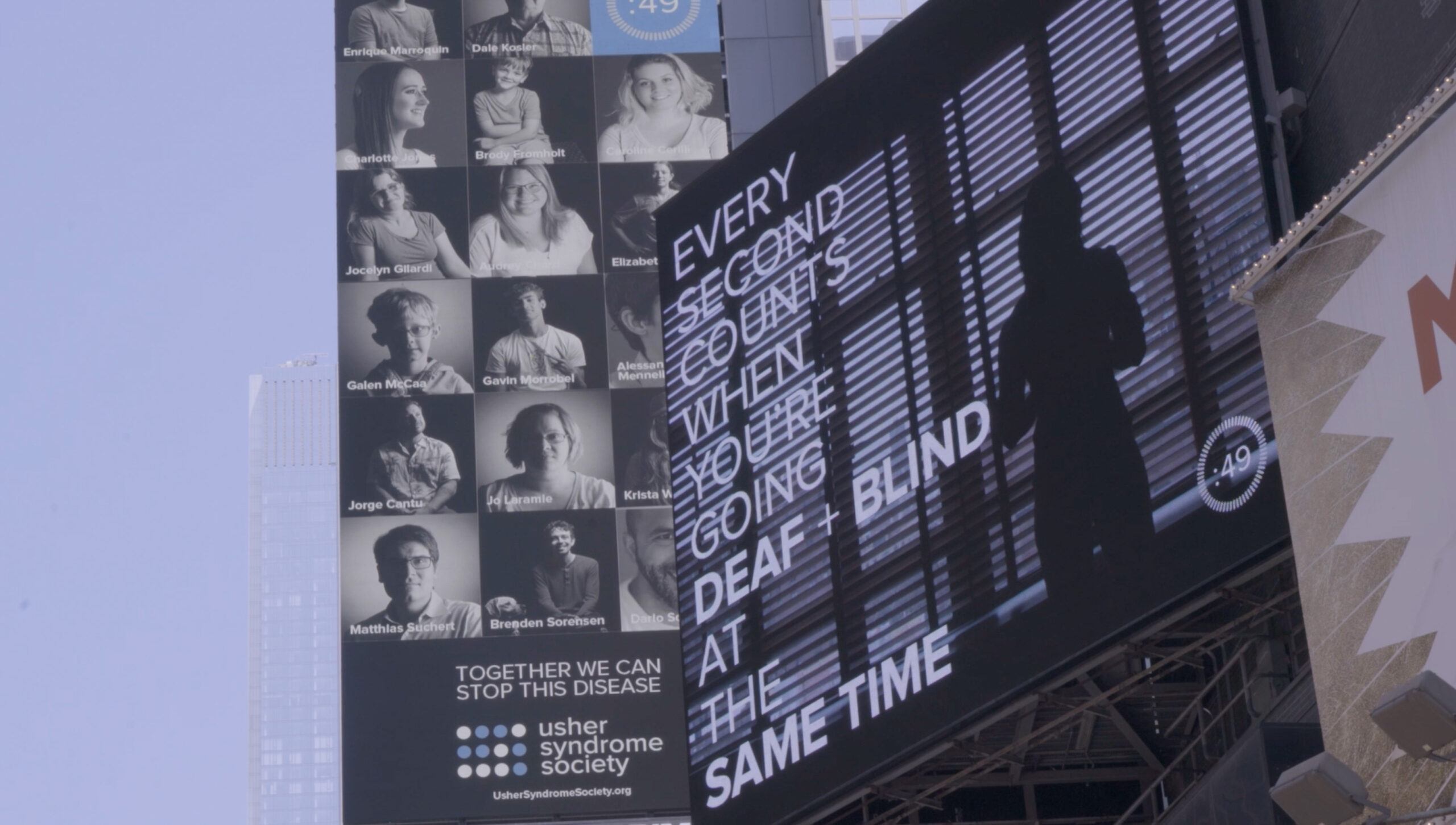 Screenshot Two billboards in Times square displaying the Every Second Counts campaign by the Usher Syndrome Society during the 2024 Takeover