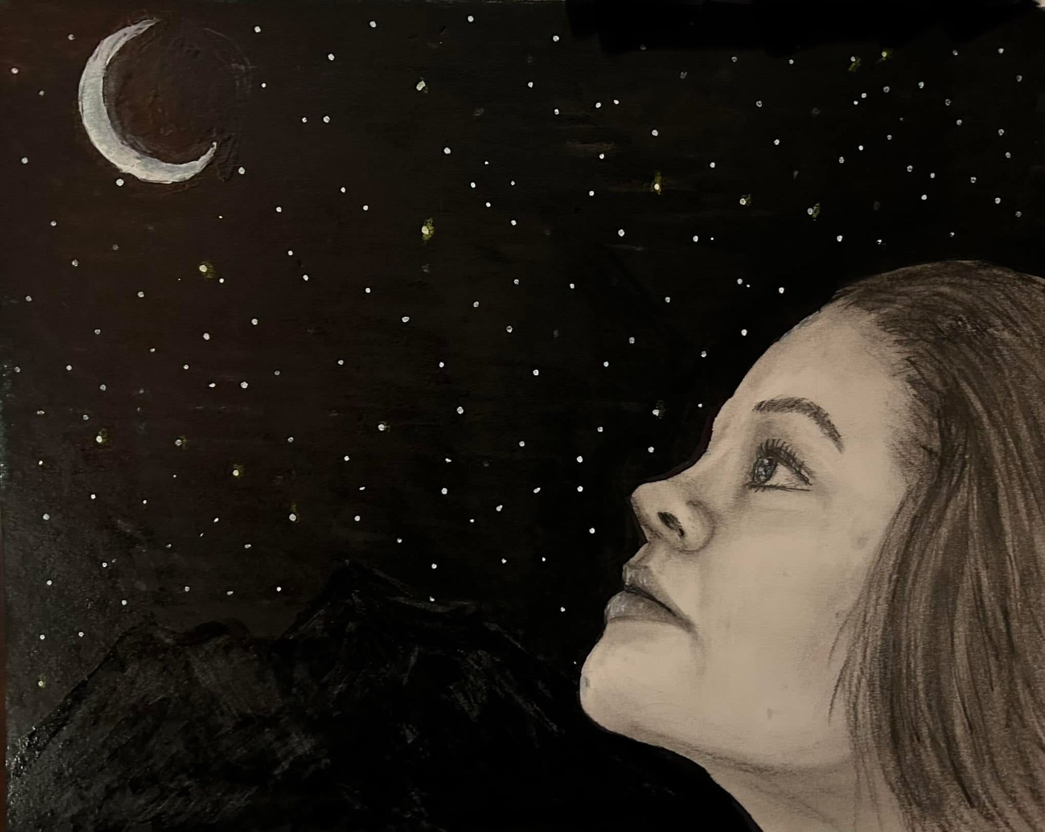 A hand-drawn artwork shows a night sky filled with many small white stars scattered across a deep black background. In the upper left corner, a pale crescent moon hangs softly against the darkness. On the right side of the image, a young woman’s face is shown in profile from the shoulders up. She has long hair pulled back and gentle, realistic facial features drawn in pencil. Her eyes are open and looking upward toward the moon and stars, giving a feeling of quiet thoughtfulness or wonder. The light on her face contrasts with the dark sky behind her. Faint mountain shapes appear along the bottom of the image, blending into the darkness. The overall mood is calm, reflective, and slightly dreamy.
