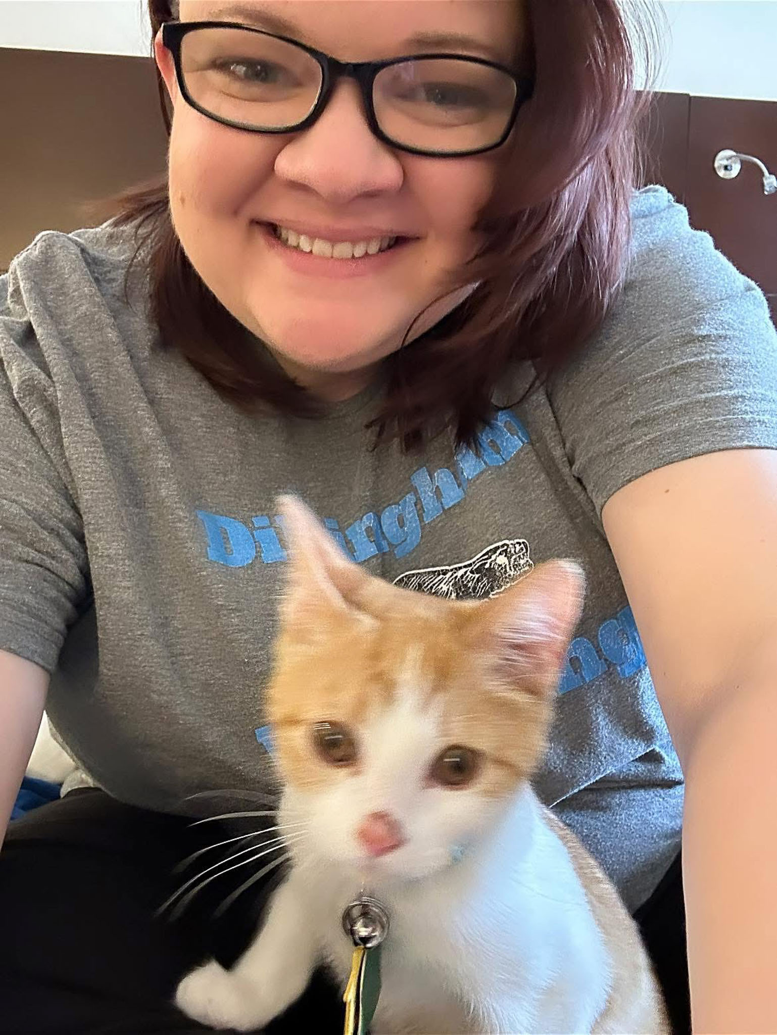 A close-up photo shows a smiling adult sitting indoors, leaning slightly toward the camera. They have shoulder-length brown hair, wear black rectangular glasses, and look directly at the camera with a warm, friendly expression. They are wearing a gray T-shirt with blue text and a small graphic on it.<br />
In the foreground, a small kitten sits on their lap. The kitten is white with orange patches on its head and ears. It has large, curious eyes, a pink nose with a noticeable darker pink spot, and long white whiskers. Around the kitten’s neck is a collar with a small bell and a tag attached. The kitten appears slightly blurry, as if it moved while the photo was taken, adding a sense of playfulness. The overall feeling of the image is cozy, happy, and affectionate.