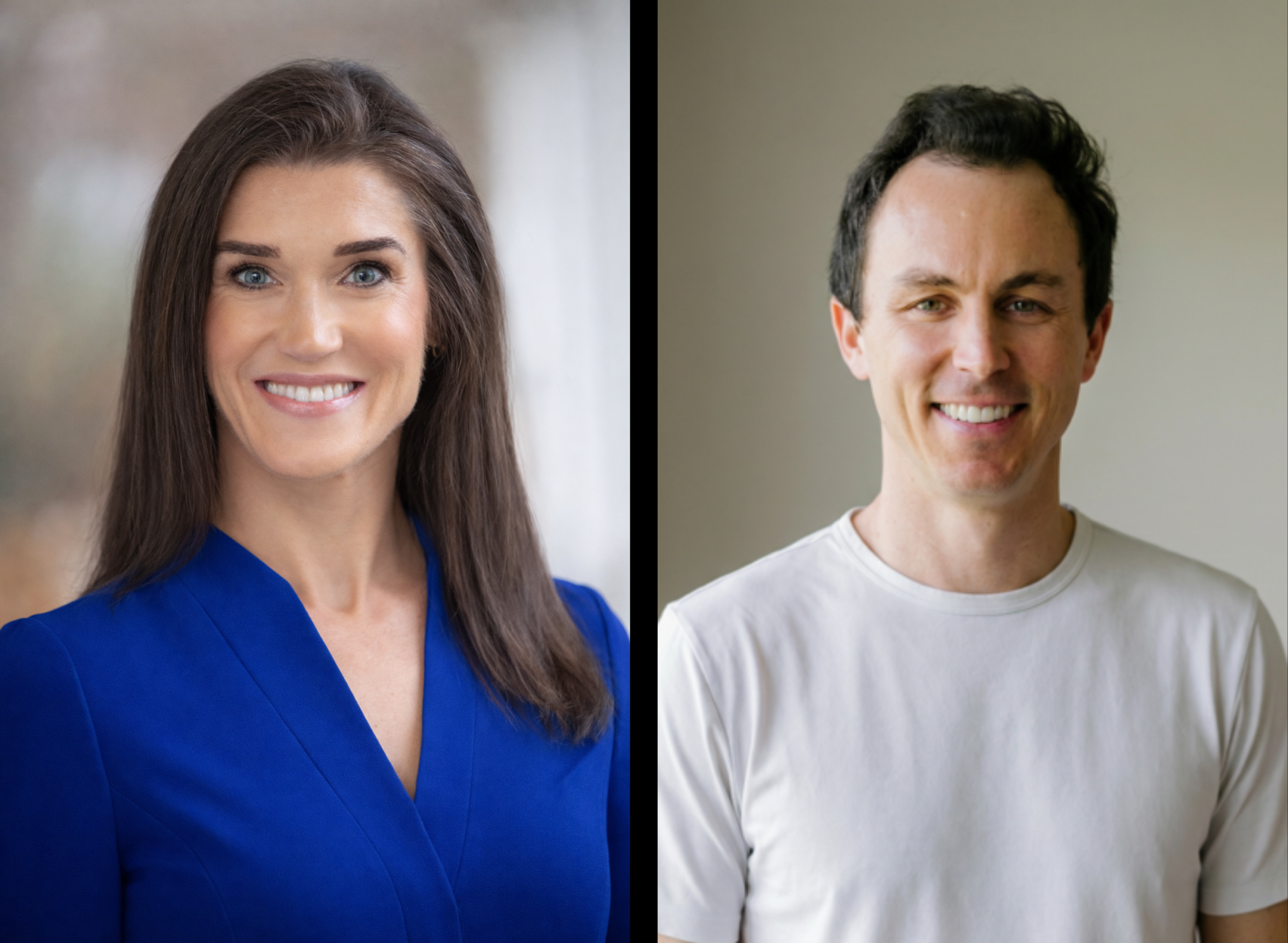 on the left is a photo of a woman with dark hair wearing a royal blue collared blouse. On the right is a man with brown hair wearing a white T-Shirt smiling.