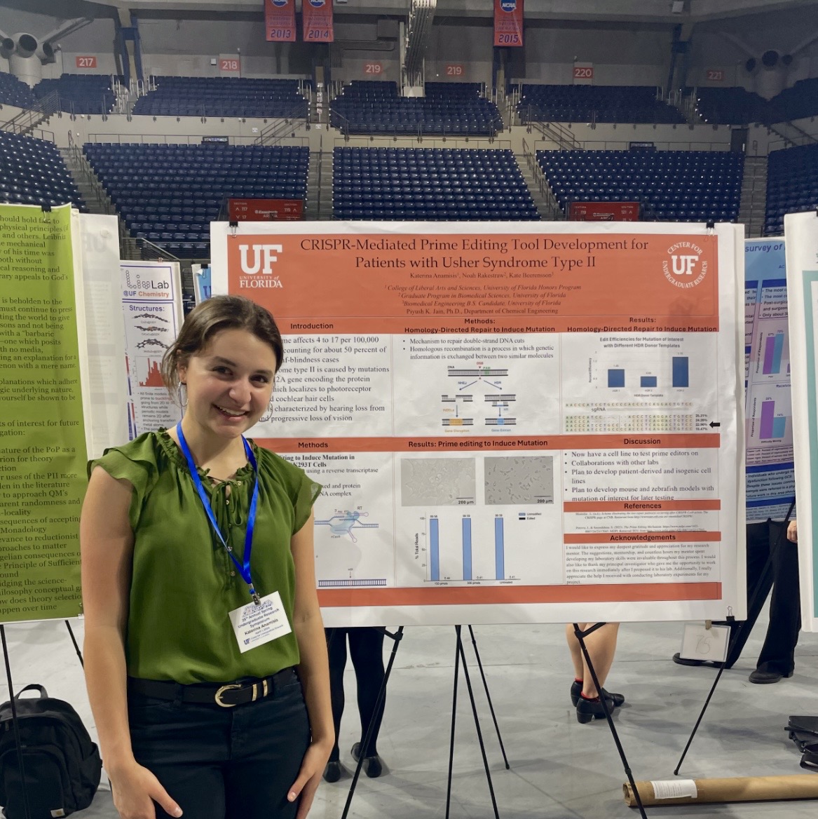  Katerina after presenting her research on CRISPR-mediated prime editing tool development targeting a USH2A mutation at the University of Florida.