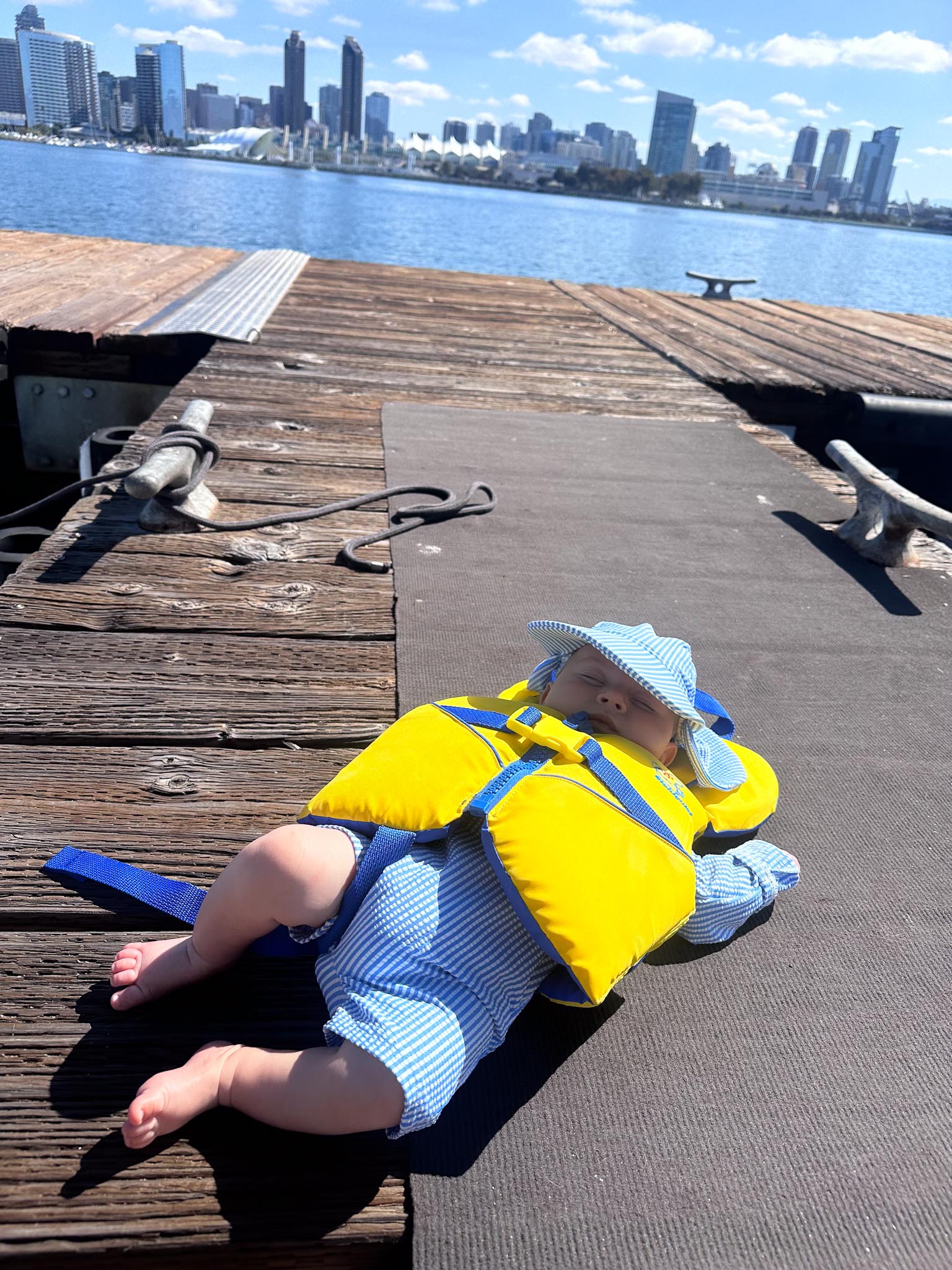 Baby Griffin lies on a dock wearing a bright yellow lifevest. There is a cityscape in the background